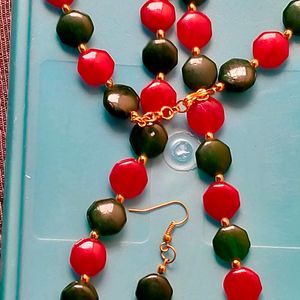 Red And Green Flat Bead Mala With Earrings Set