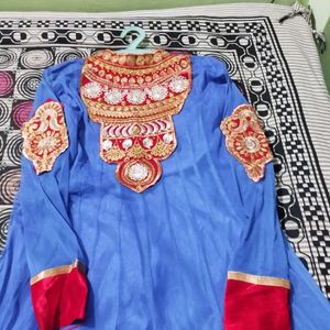 Elegant Blue Anarkali Suit with Red Embroider