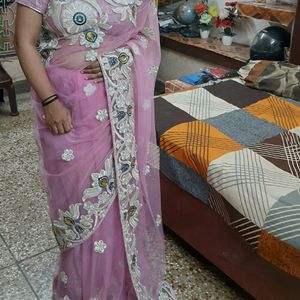 Baby Pink Colour Saree+Stitched Blouse+Petticoat