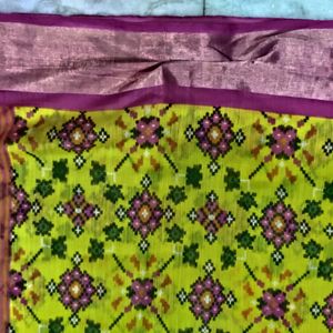Yellow lenin Cotton Pochampalli Print Saree