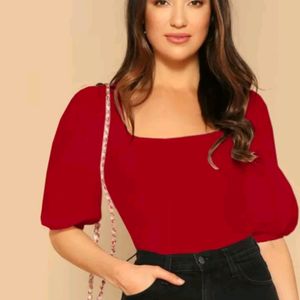 Casual Bishop Sleeve Solid Women Red Top