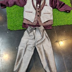 Boys' Wine Colour Shirt With Grey Vascoat And Pant