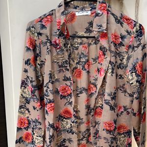 PURYS Beige Coloured Semi Formal Floral Full Sleeves Semi Sheer Shirt