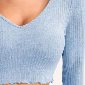 V - Neck Full Sleeve Crop Top (Sky)