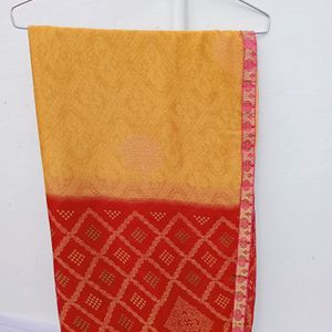 Mustard and red Colour Light work Saree