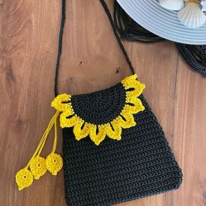 Crochet Sunflower Black Sling Bag