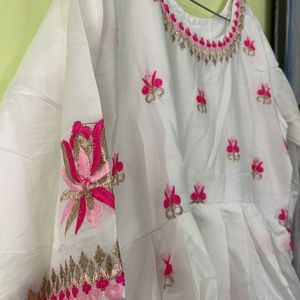 White Anarkali With Pink Embroidery