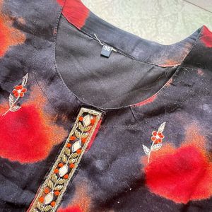 Black and red heavy kurti with go colours pants