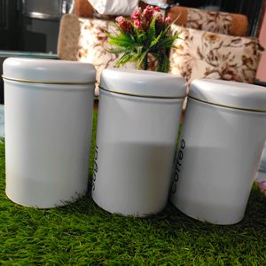 Coffee, Tea & Sugar Jar Set Of 3, White Colour