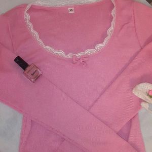 Coquette Ribbed Bow Laced Pink Crop Top