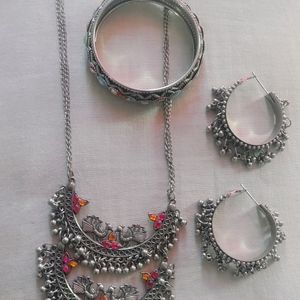 Oxidised Necklace, Earrings With Bangle