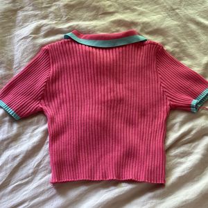 Pink Crop Top With Blue Collar