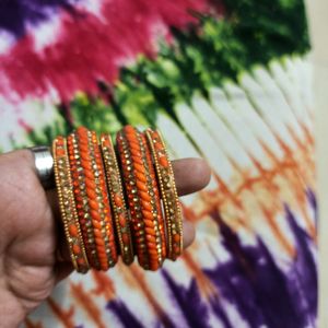 New Fancy Bangles Set In Orange & Gold