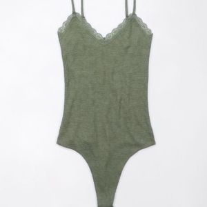 Women Metalic Green Lace Waffle Tank Bodysuit