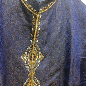 Long Jacket Sherwani With Work (Blue Jamewar)