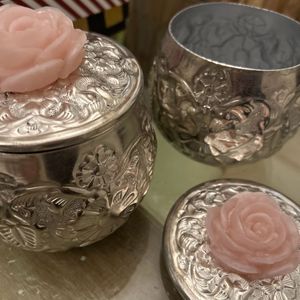 Silver Container With Lid And Pink Roses