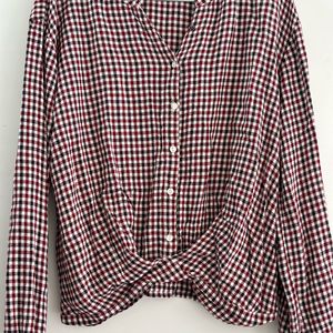 Checked Shirt With Notched Round Neck