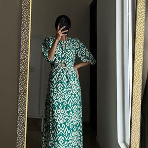 Printed Cut Out Ring Ruched Maxi Dress