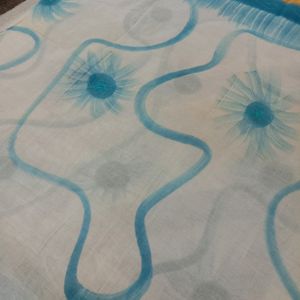 Cotton Blend White Blue Saree