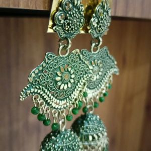 Traditional Ethnic Long Green Earrings