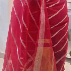 Silver Stripe Red Saree