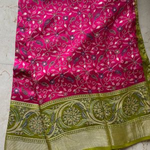 Rani Pink Brasso Saree With mehndi Boarder