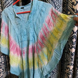 Sky Blue Boho Kaftan Top With Threadwork