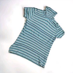 Striped High-Neck Short Sleeve T-Shirt