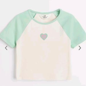 H&M Girls Green & Beige Cotton Jersey CroppedTop