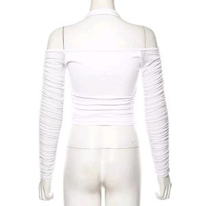 Aventurine Cold Shoulder HalterNeck White Mesh Top