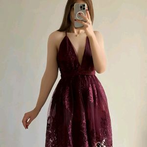 V neck tulle lace short wine colored prom dresses
