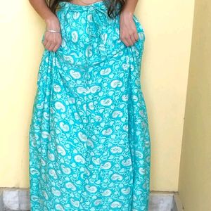 Sea Green Flower Print Look Long Ethnic Skirt