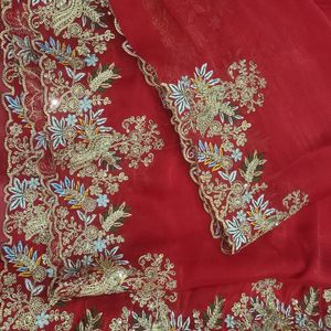 Vibrant Beautiful Red Saree In Jimmy Choo Fabric