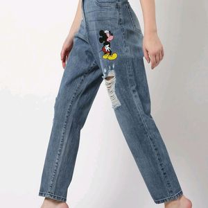 Mickey Mouse Print Distressed Jeans