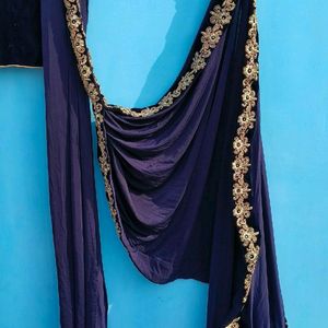 Heavy Party Wear Lahanga Grey And Navy Blue Colour