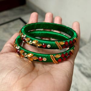 1 Pair Of Green Silk Thread Designer Bangles