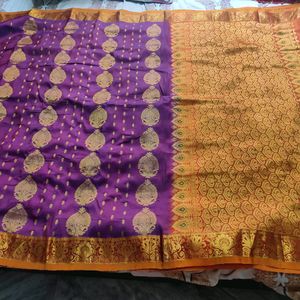 Beautiful Magenta Purple And Golden Silk Saree