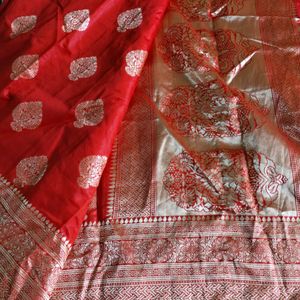 Red With Gold Zari Printed Saree (Women)