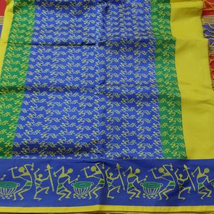 Yellow And Blue Kolkatta Saree
