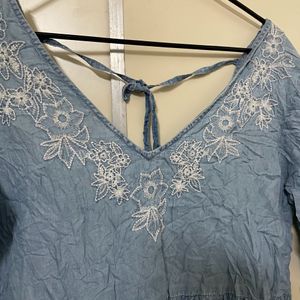 Women Denim Embroidered Flower Neck Dress