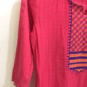 Pink Embroidered Long Sleeve Kurti