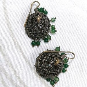 Oxidised Jhumkas - 💚 Green Beads