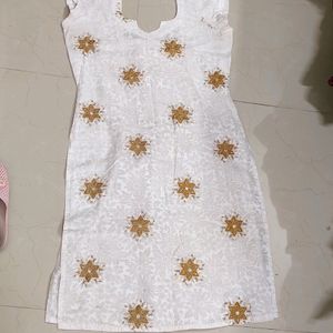 Straight White Kurti with Golden thread Motif Work