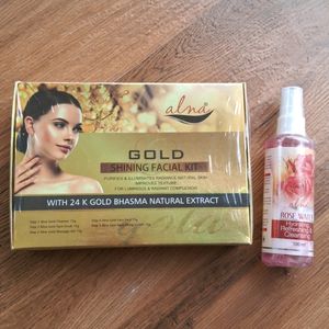 Alna Gold Shining Facial Kit And Rose Water Combo