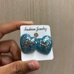 Heart Shape Glittered Earings In Blue Colour