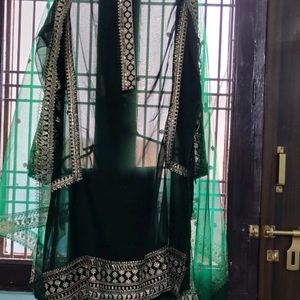 New Teal Green Pakistani Semi Stitched Kurta Set