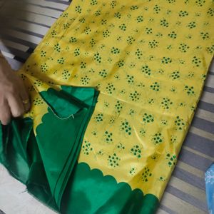 Yellow Green American Silk Saree