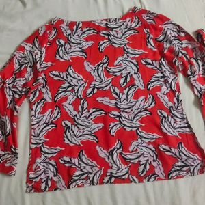 Branded Red Floral Top With Tie Up Sleeves