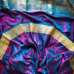 100% Pure Triple Tone Himroo Jamavar Silk Saree