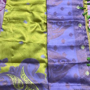 Green & Purple Saree With Blouse For Grabs
